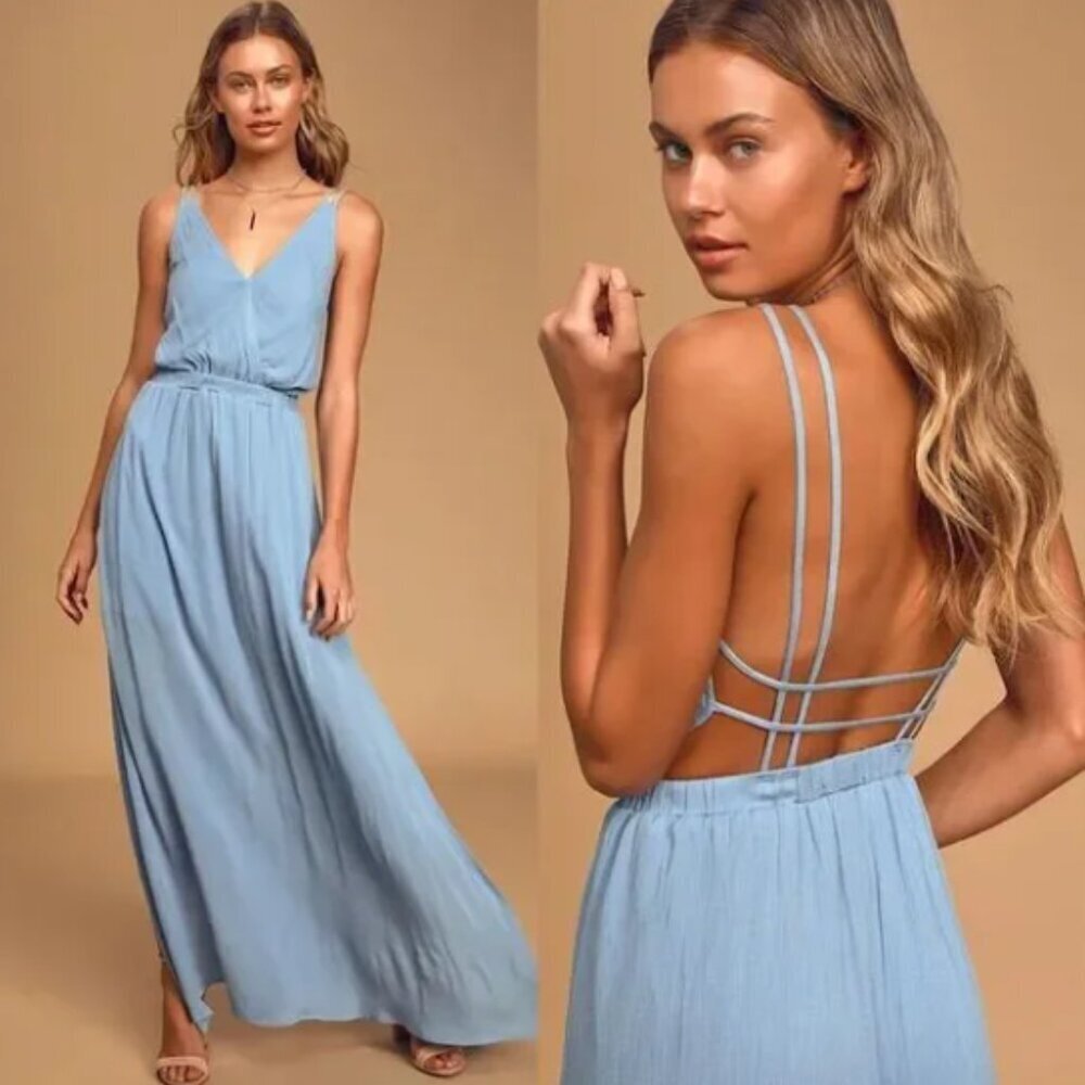 Lulu's Lost in Paradise Strappy Back Maxi Dress Slate Blue Size XS NWT